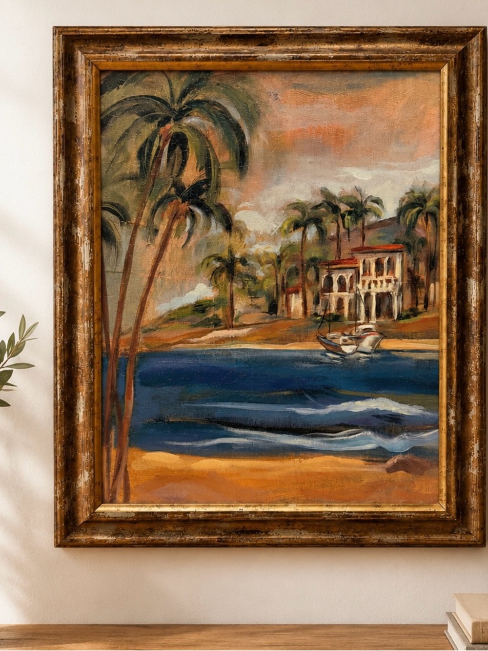 Framed Vintage Moody Palm Beach Style Oil Painting | Signed